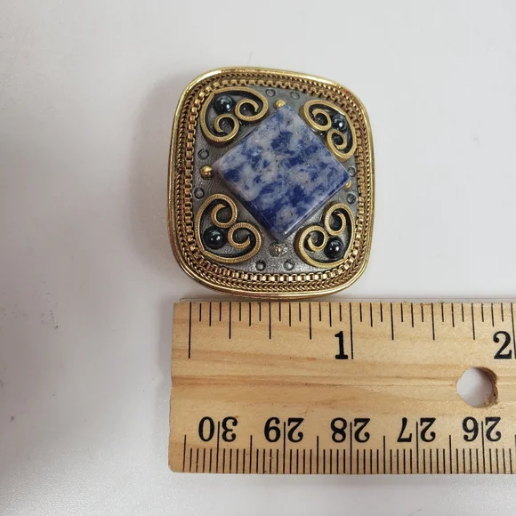 Michal Golan Blue Sodalite & Gold Filigree Pendant / Brooch w/Hearts 1.50x1.25